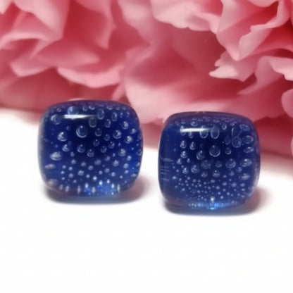 Small square post Earrings. Clear dark blue with tiny bubbles. Fused Glass Studs. Recycled Glass jewelry. Stud earrings