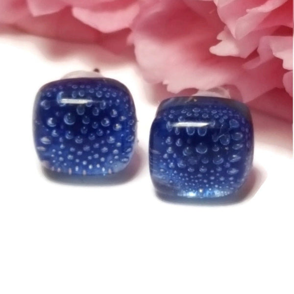 Small square post Earrings. Clear dark blue with tiny bubbles. Fused Glass Studs. Recycled Glass jewelry. Stud earrings