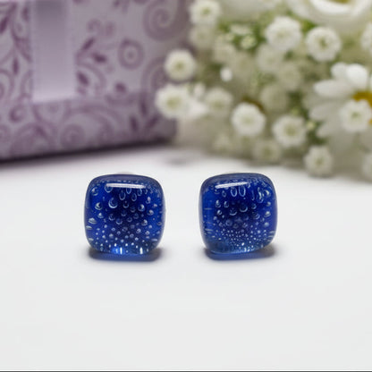 Small square post Earrings. Clear dark blue with tiny bubbles. Fused Glass Studs. Recycled Glass jewelry. Stud earrings