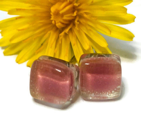 Pink small square Fused Glass Studs post earrings. Recycled Glass jewelry. Stud earrings. Fun color.