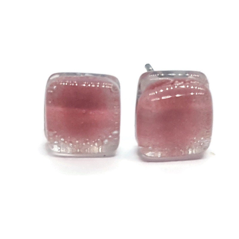 Pink small square Fused Glass Studs post earrings. Recycled Glass jewelry. Stud earrings. Fun color.