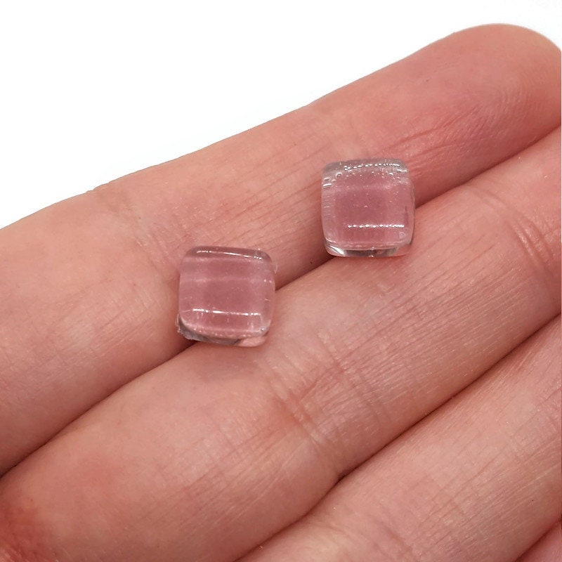 Pink small square Fused Glass Studs post earrings. Recycled Glass jewelry. Stud earrings. Fun color.