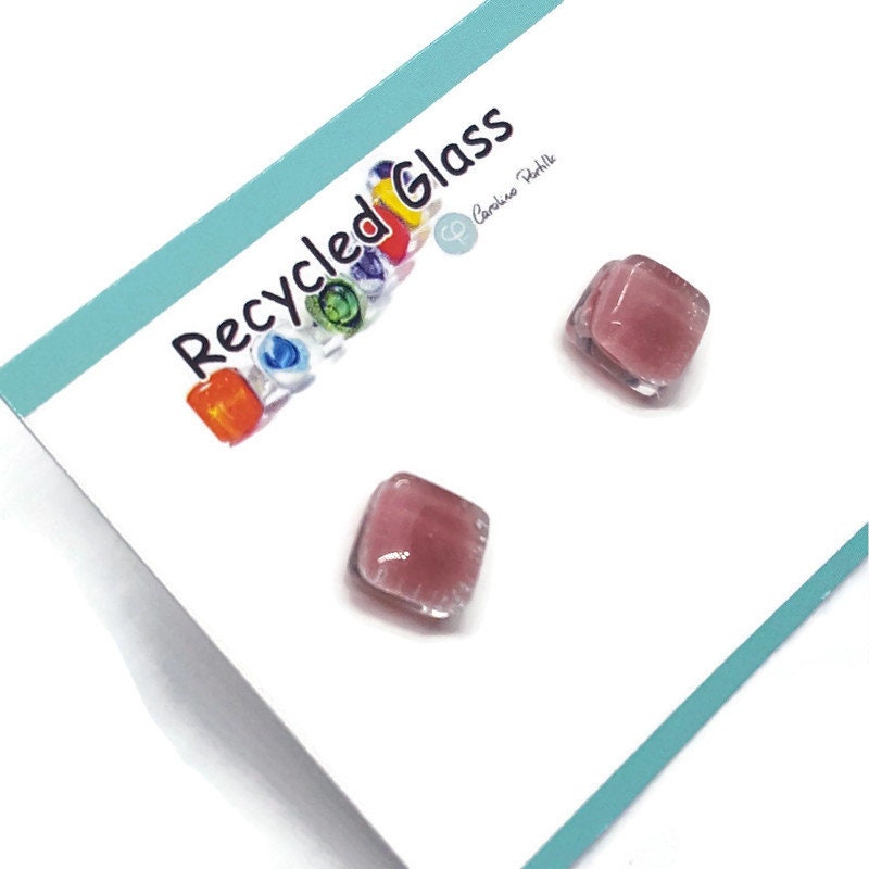 Pink small square Fused Glass Studs post earrings. Recycled Glass jewelry. Stud earrings. Fun color.