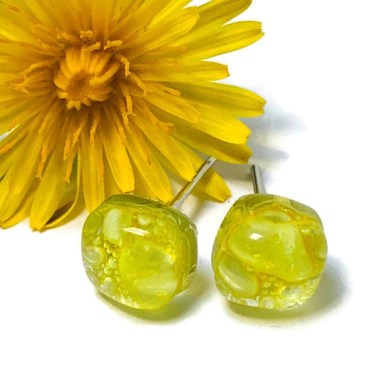 Small square post Earrings. Clear yellow color. Fused Glass Studs. Recycled Glass jewelry. Stud earrings. Bubbles