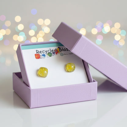 Small square post Earrings. Clear yellow color. Fused Glass Studs. Recycled Glass jewelry. Stud earrings. Bubbles