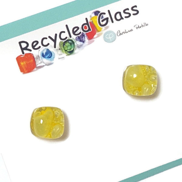 Small square post Earrings. Clear yellow color. Fused Glass Studs. Recycled Glass jewelry. Stud earrings. Bubbles