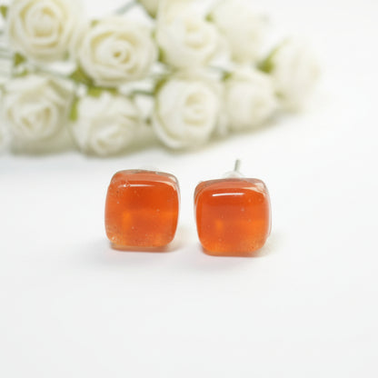 Small square post Orange  color. Fused Glass Studs. Recycled Glass jewelry. Stud earrings. Fun color.