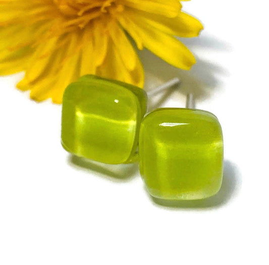 Small square post Earrings. Pale apple green color. Fused Glass Studs. Recycled Glass jewelry. Stud earrings