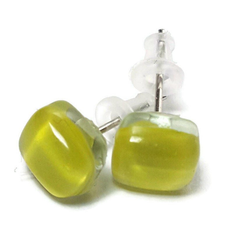 Small square post Earrings. Pale apple green color. Fused Glass Studs. Recycled Glass jewelry. Stud earrings