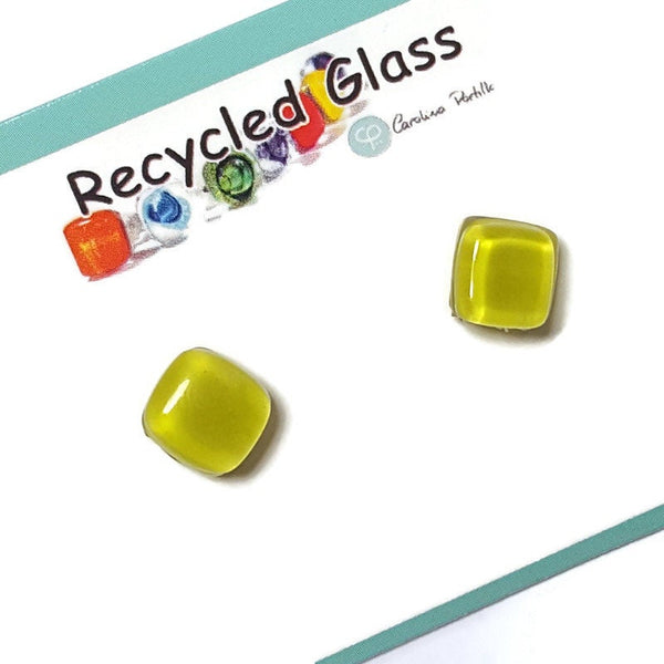 Small square post Earrings. Pale apple green color. Fused Glass Studs. Recycled Glass jewelry. Stud earrings