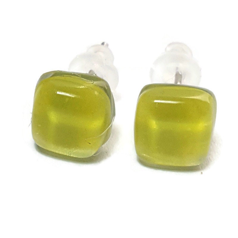 Small square post Earrings. Pale apple green color. Fused Glass Studs. Recycled Glass jewelry. Stud earrings