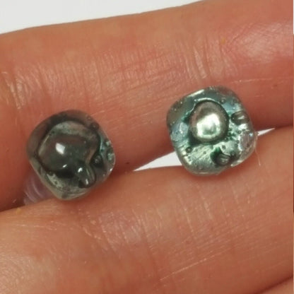 Small square post Earrings. Clear blue green with gray shades color. Fused Glass Studs. Recycled Glass jewelry. Stud earrings