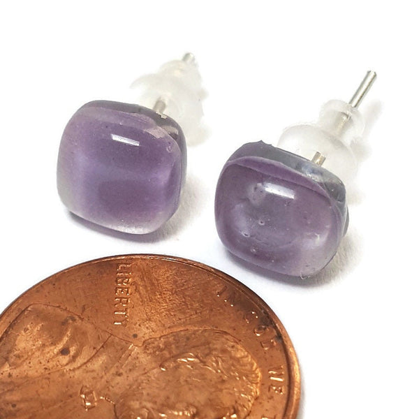 Small square post Earrings. Lilac lavender color. Fused Glass Studs. Recycled Glass jewelry. Stud earrings