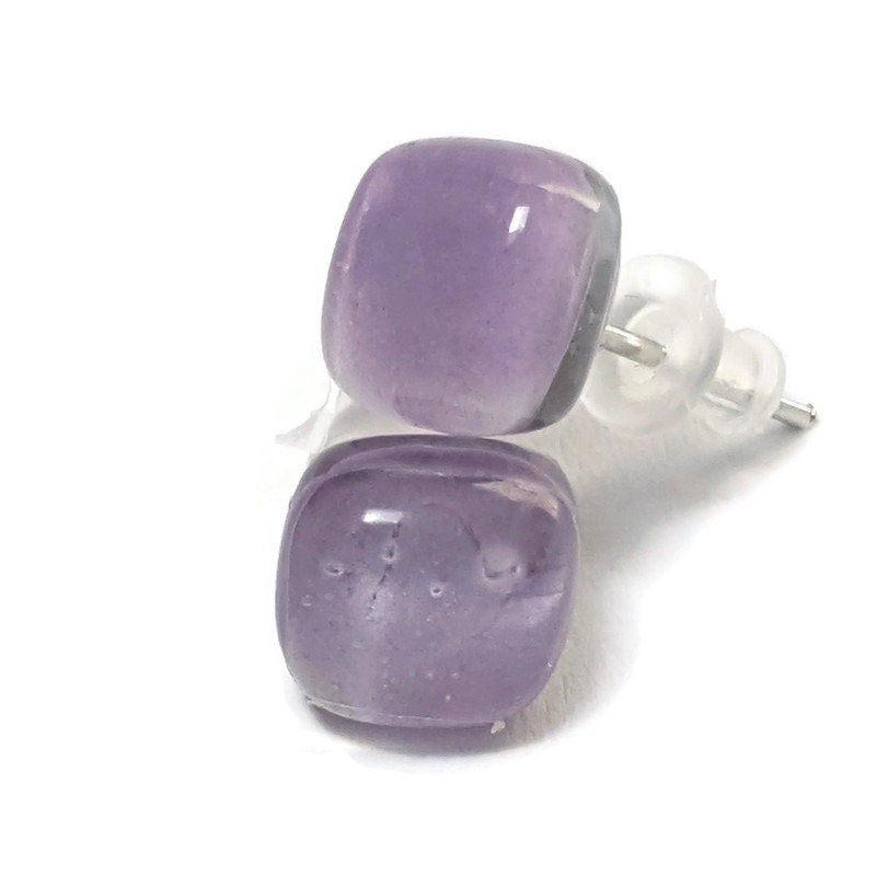 Small square post Earrings. Lilac lavender color. Fused Glass Studs. Recycled Glass jewelry. Stud earrings