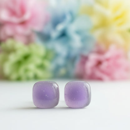 Small square post Earrings. Lilac lavender color. Fused Glass Studs. Recycled Glass jewelry. Stud earrings