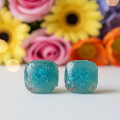 Square post Earrings. Dark  transparent teal color with small bubbles. Fused Glass Studs. Recycled Glass jewelry. Stud earrings