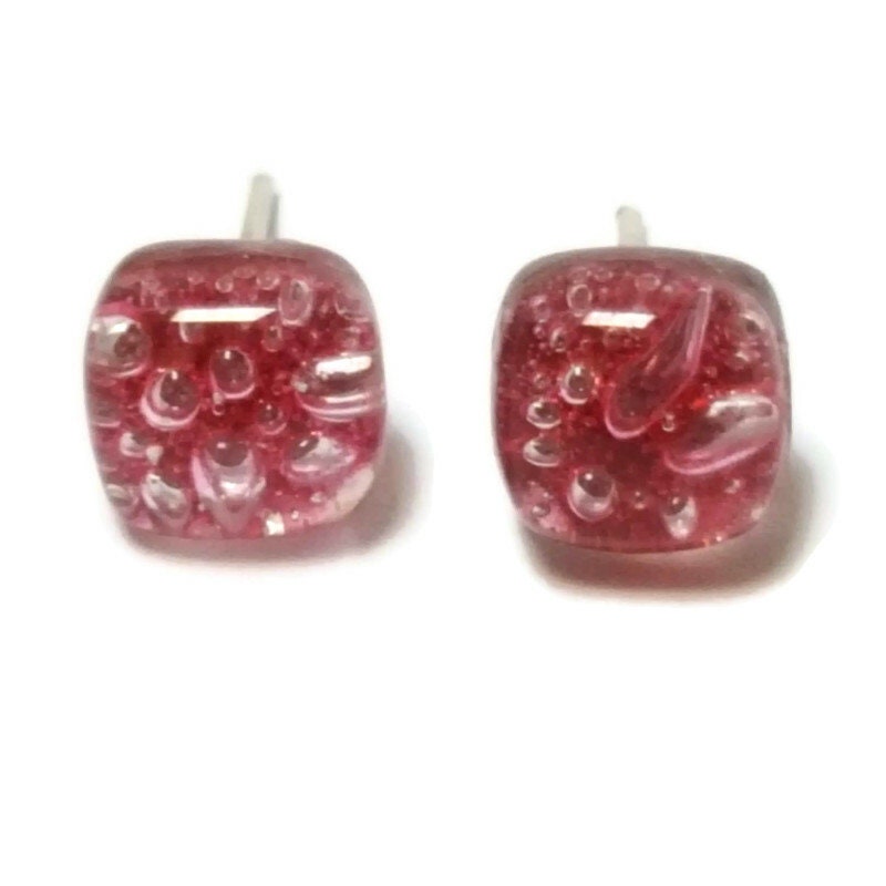 Small square post Earrings. Cranberry color. Fused Glass Studs. Recycled Glass jewelry. Stud earrings