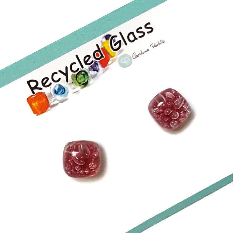 Small square post Earrings. Cranberry color. Fused Glass Studs. Recycled Glass jewelry. Stud earrings