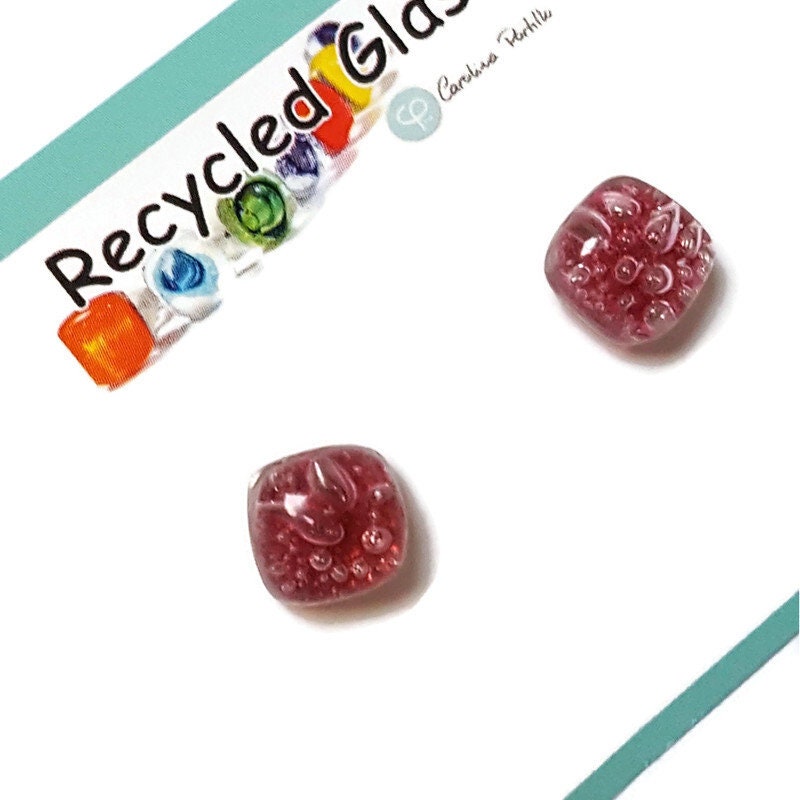 Small square post Earrings. Cranberry color. Fused Glass Studs. Recycled Glass jewelry. Stud earrings