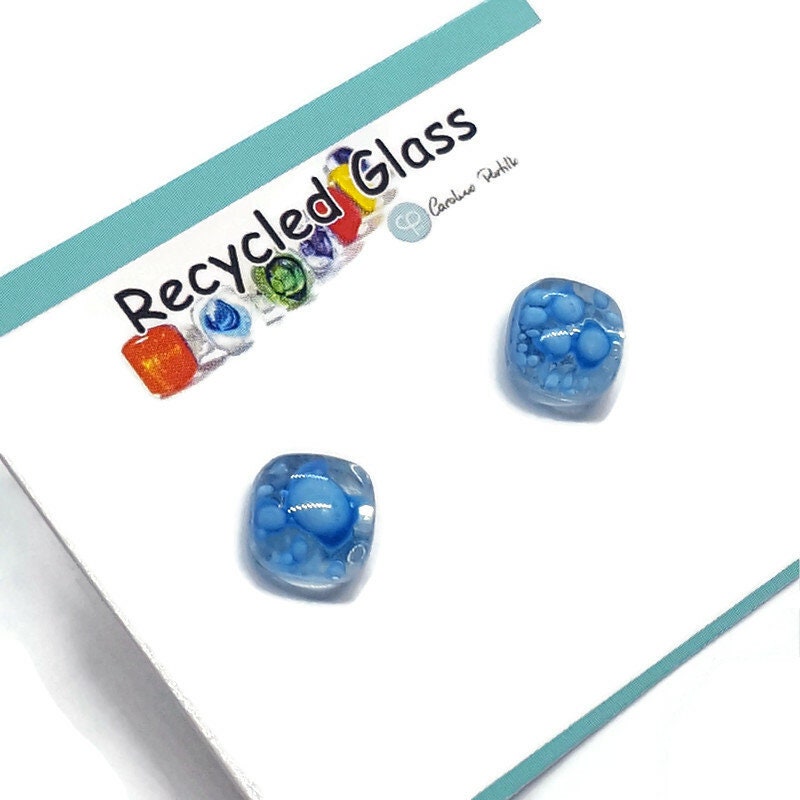 Small square post Earrings. Clear with small opaque bubbles. Fused Glass Studs. Recycled Glass jewelry. Stud earrings