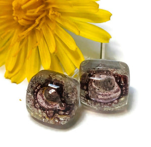 Small Post bubbly purple-brown Earrings. Fused Glass Studs. Recycled Glass jewelry. Stud earrings