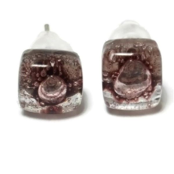 Small Post bubbly purple-brown Earrings. Fused Glass Studs. Recycled Glass jewelry. Stud earrings