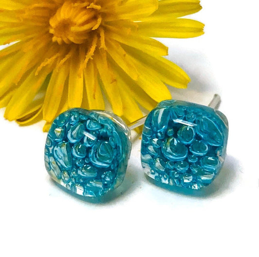 Small Post Turquoise Earrings. Fused Glass Studs. Recycled Glass jewelry. Stud earrings