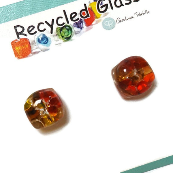 Mosaic Small square post Earrings. Colorful Fused Glass Studs. Recycled Glass jewelry. Stud earrings.