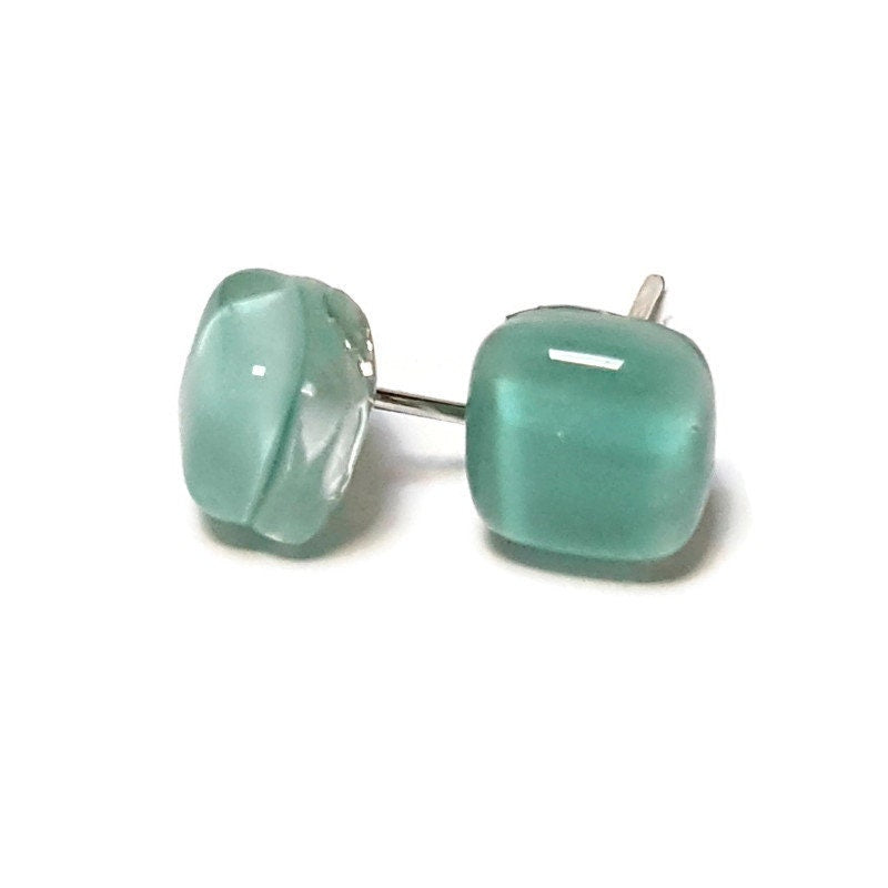 Small square post Earrings. Light teal green color. Fused Glass Studs. Recycled Glass jewelry. Stud earrings