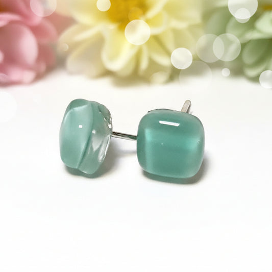 Small square post Earrings. Light teal green color. Fused Glass Studs. Recycled Glass jewelry. Stud earrings