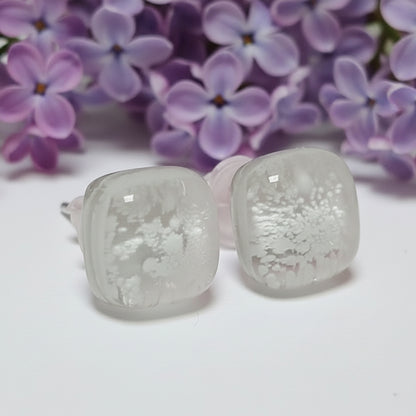 Small square post milky white color. Fused Glass Studs. Recycled Glass jewelry. Stud earrings. Fun color.