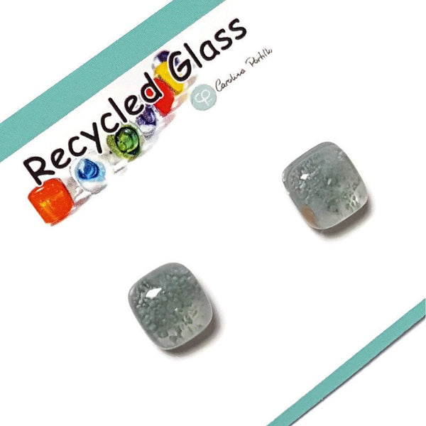 Small square post milky Gray with tiny bubblescolor. Fused Glass Studs. Recycled Glass jewelry. Stud earrings. Fun color.