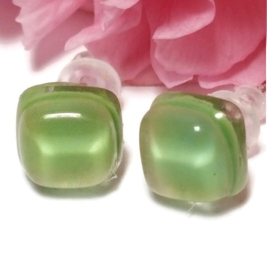 Small square post Earrings. Pastel light green color. Fused Glass Studs. Recycled Glass jewelry. Stud earrings