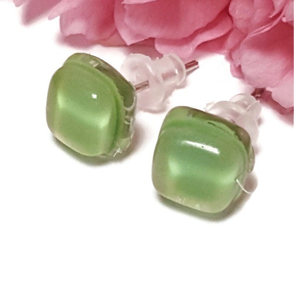 Small square post Earrings. Pastel light green color. Fused Glass Studs. Recycled Glass jewelry. Stud earrings