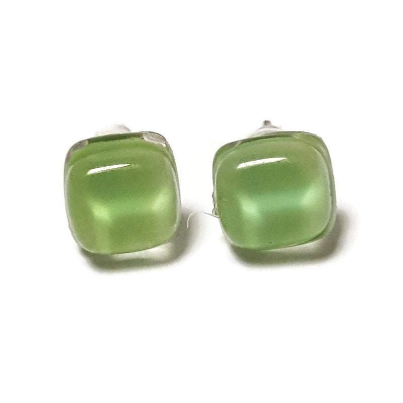 Small square post Earrings. Pastel light green color. Fused Glass Studs. Recycled Glass jewelry. Stud earrings