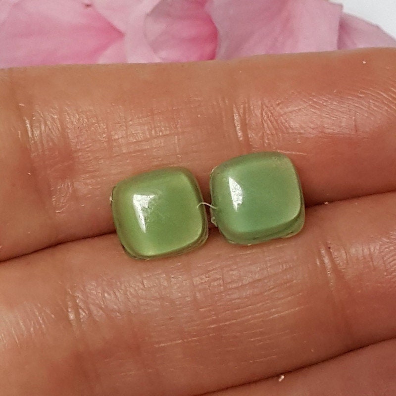 Small square post Earrings. Pastel light green color. Fused Glass Studs. Recycled Glass jewelry. Stud earrings