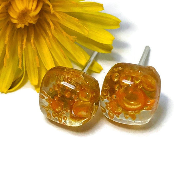 Small square post Earrings. Clear Orange color. Fused Glass Studs. Recycled Glass jewelry. Stud earrings