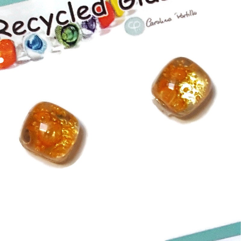 Small square post Earrings. Clear Orange color. Fused Glass Studs. Recycled Glass jewelry. Stud earrings