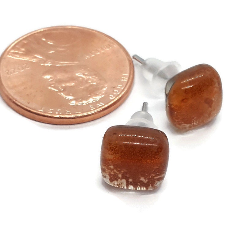 Small square post terracotta color. Fused Glass Studs. Recycled Glass jewelry. Stud earrings. Earthy color.