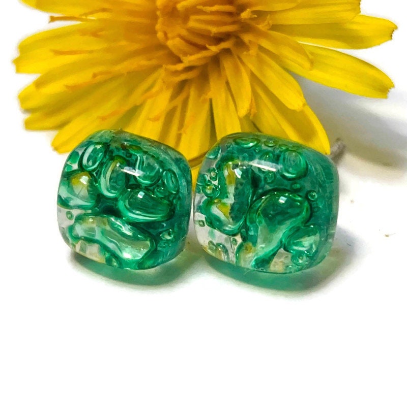 Small square post Earrings. Fun clear green color. Fused Glass Studs. Recycled Glass jewelry. Stud earrings