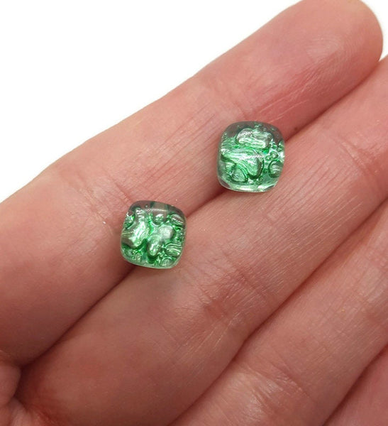 Small square post Earrings. Fun clear green color. Fused Glass Studs. Recycled Glass jewelry. Stud earrings
