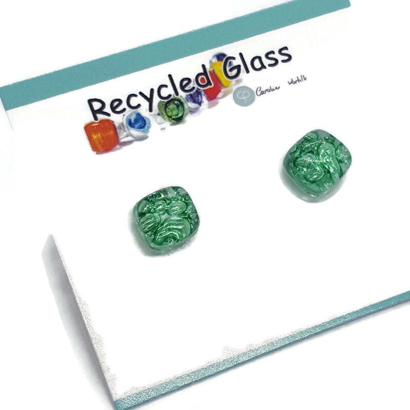 Small square post Earrings. Fun clear green color. Fused Glass Studs. Recycled Glass jewelry. Stud earrings