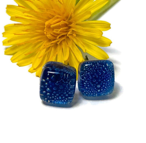 Small square post Earrings. Clear dark blue with tiny bubbles. Fused Glass Studs. Recycled Glass jewelry. Stud earrings