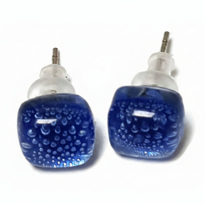 Small square post Earrings. Clear dark blue with tiny bubbles. Fused Glass Studs. Recycled Glass jewelry. Stud earrings