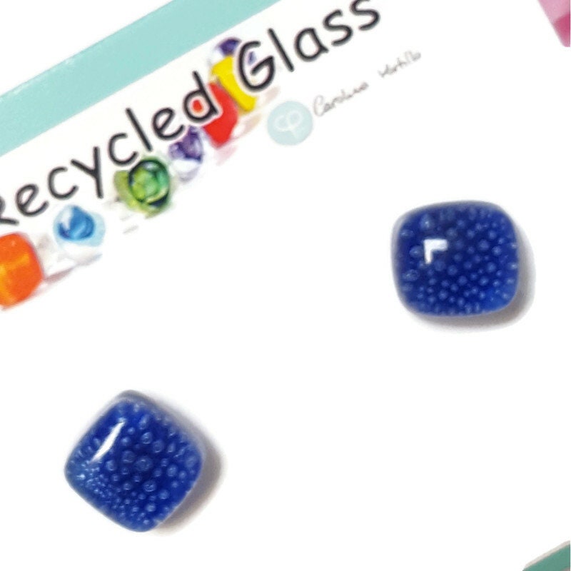 Small square post Earrings. Clear dark blue with tiny bubbles. Fused Glass Studs. Recycled Glass jewelry. Stud earrings