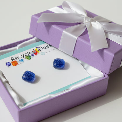 Small square post Earrings. Clear dark blue with tiny bubbles. Fused Glass Studs. Recycled Glass jewelry. Stud earrings