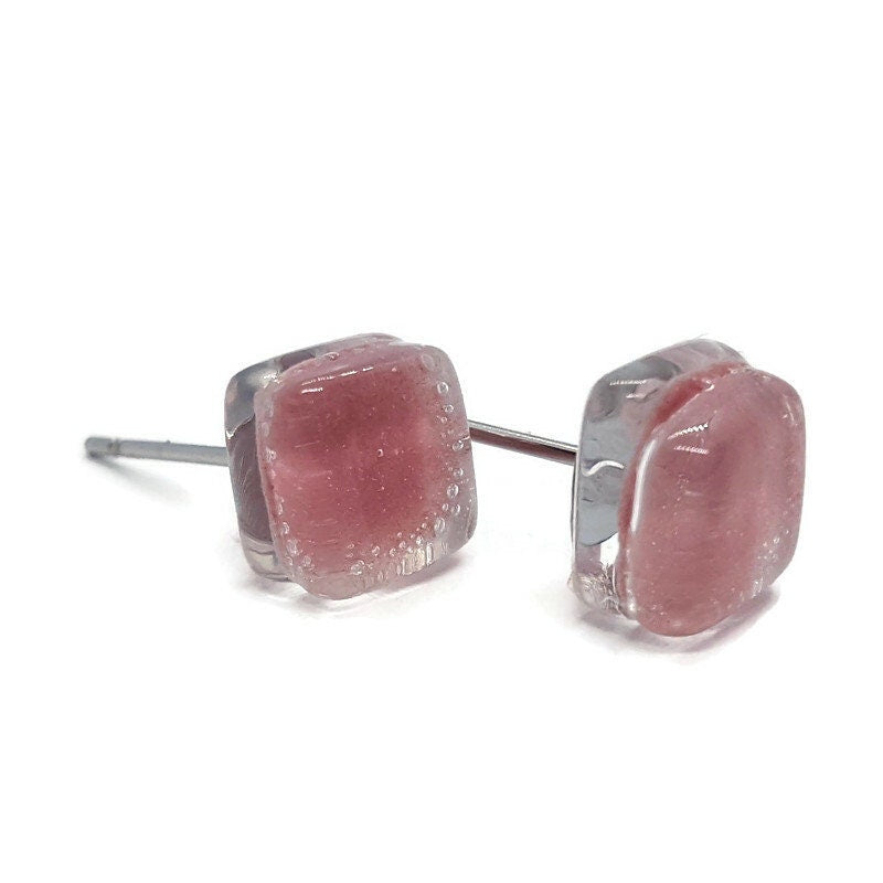 Pink small square Fused Glass Studs post earrings. Recycled Glass jewelry. Stud earrings. Fun color.