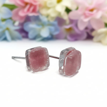 Pink small square Fused Glass Studs post earrings. Recycled Glass jewelry. Stud earrings. Fun color.