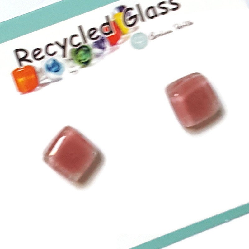 Pink small square Fused Glass Studs post earrings. Recycled Glass jewelry. Stud earrings. Fun color.