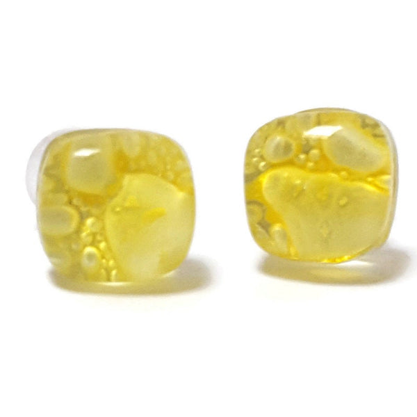 Small square post Earrings. Clear yellow color. Fused Glass Studs. Recycled Glass jewelry. Stud earrings. Bubbles
